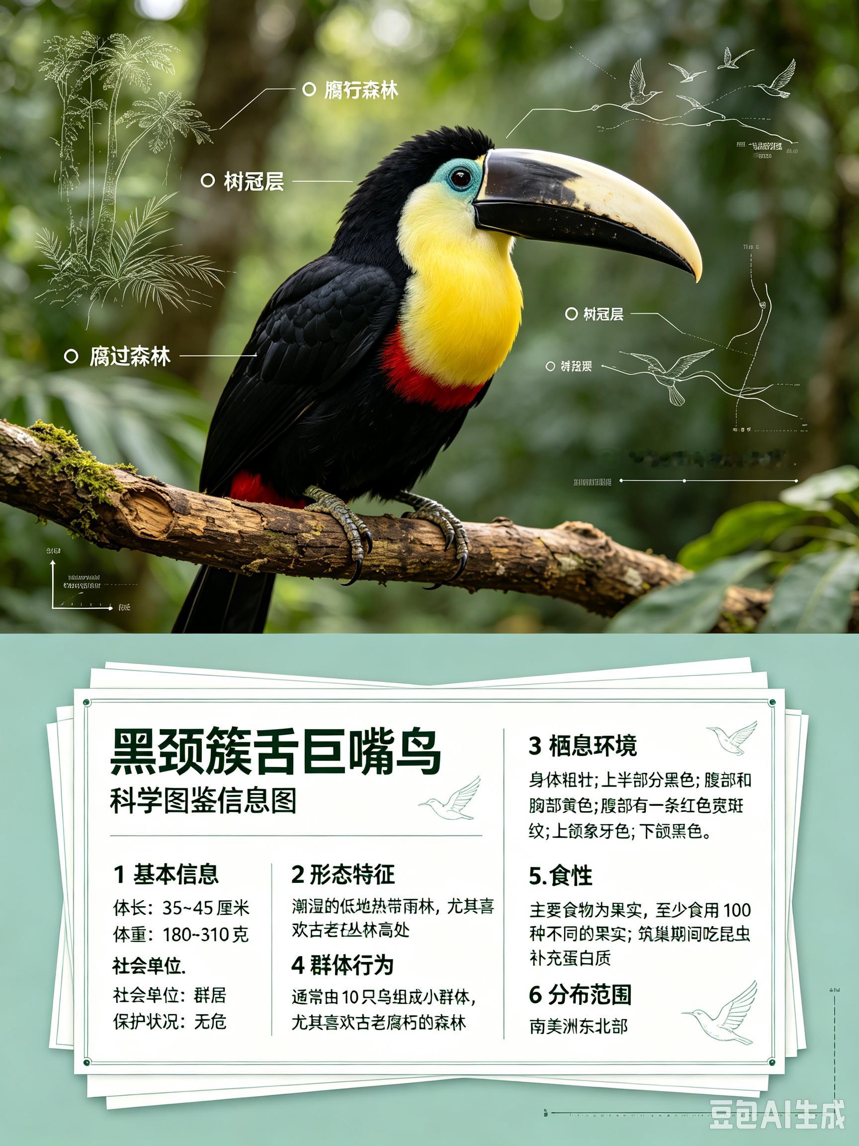 鸟类朋友图鉴 黑颈簇舌巨嘴鸟体长：35~45 厘米体重：180~310 克社会单