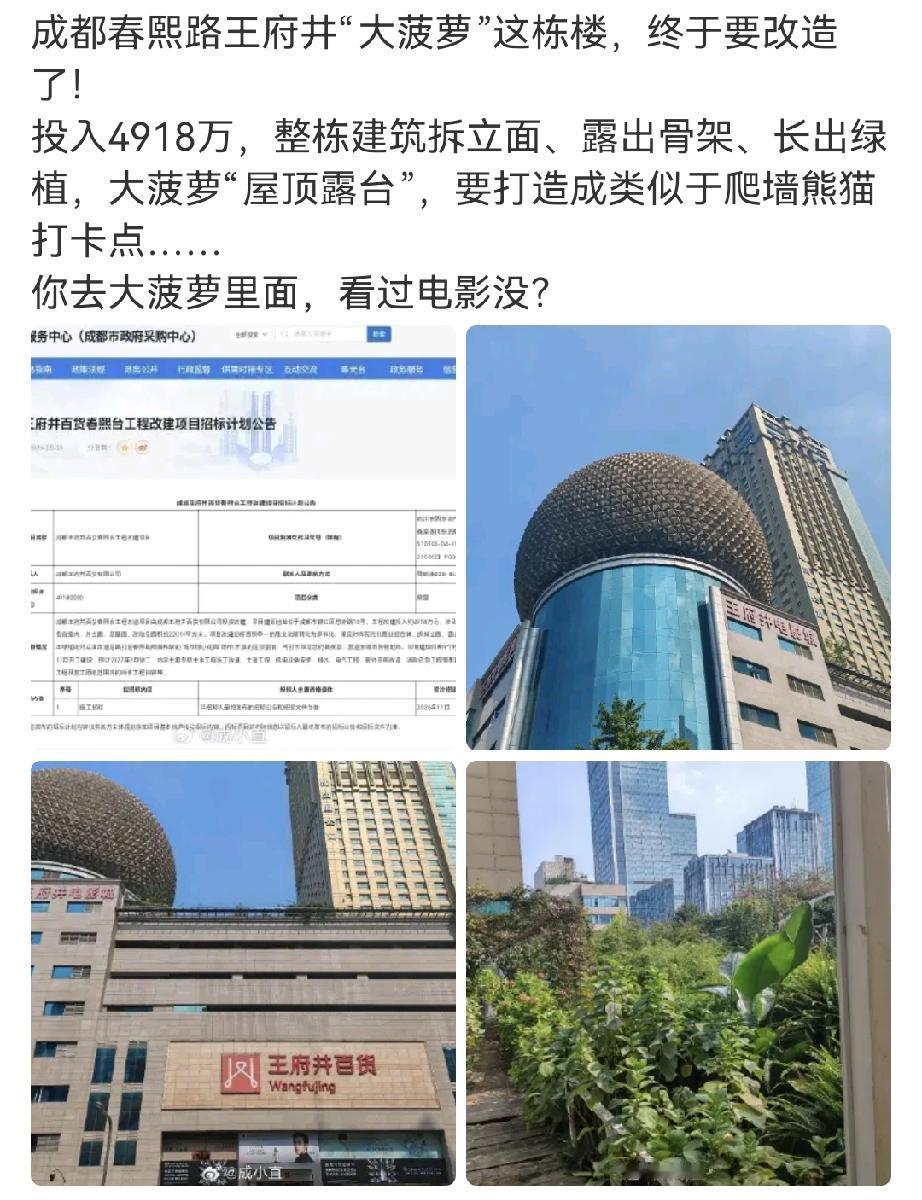 承载无数成都朋友儿时记忆的春熙路大菠萝楼将改造，项目预估投入4918万，施工周期