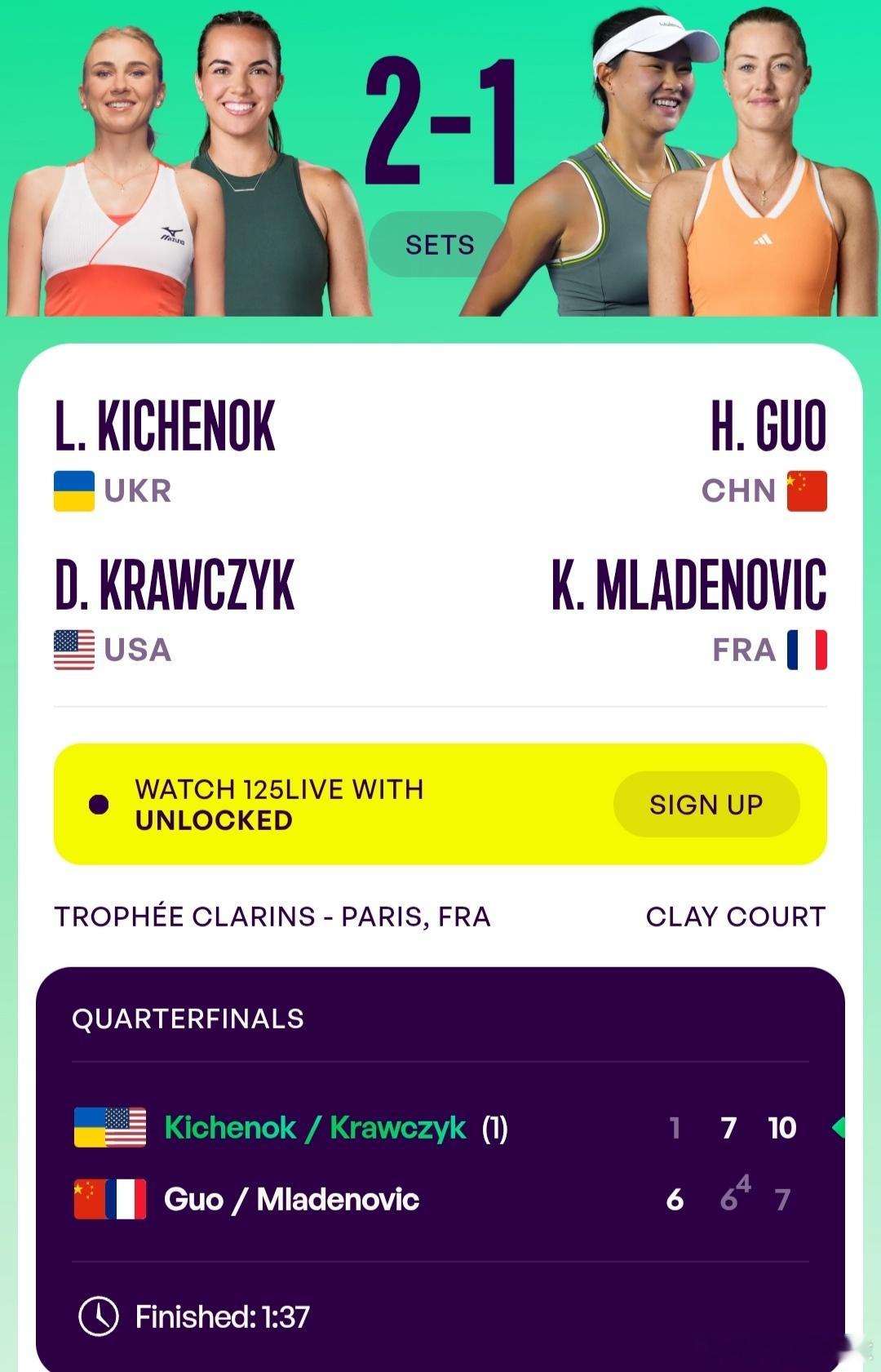WTA125巴黎站🇫🇷女双8进4郭涵煜🇨🇳/梅拉德诺维奇🇫🇷6-1/