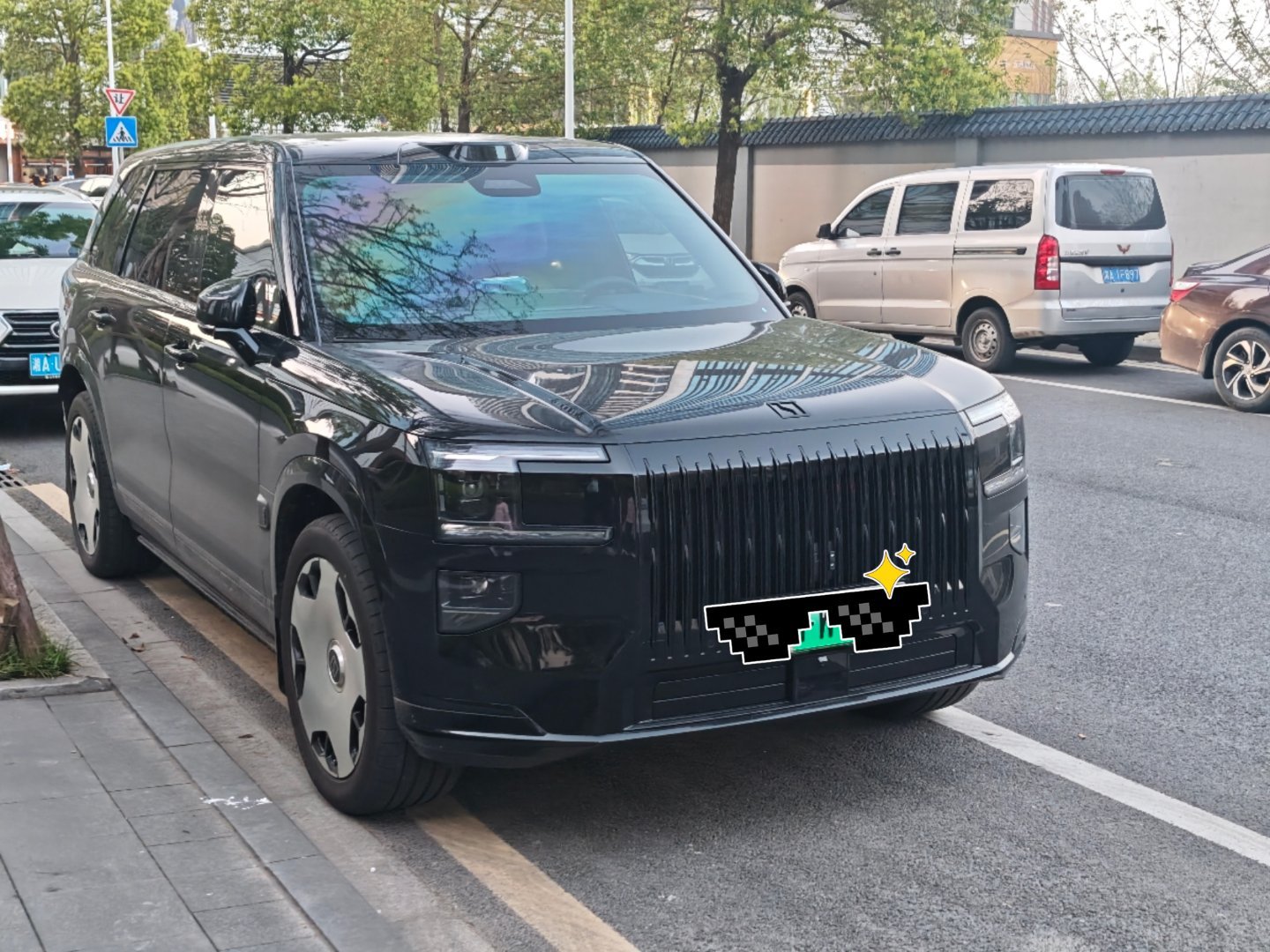 确实9X黑武士整体性强全车除了银色大饼轮毂就只有一个绿色车牌是显眼色我们的新能源