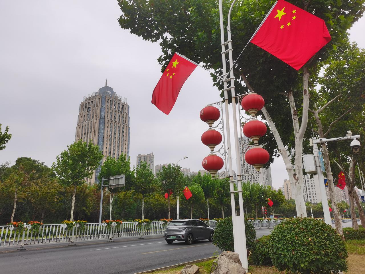 这个值得庆贺的重大节日，胖东来三胖紧临的全市东西主干道一一平原路，两侧路灯杆上，