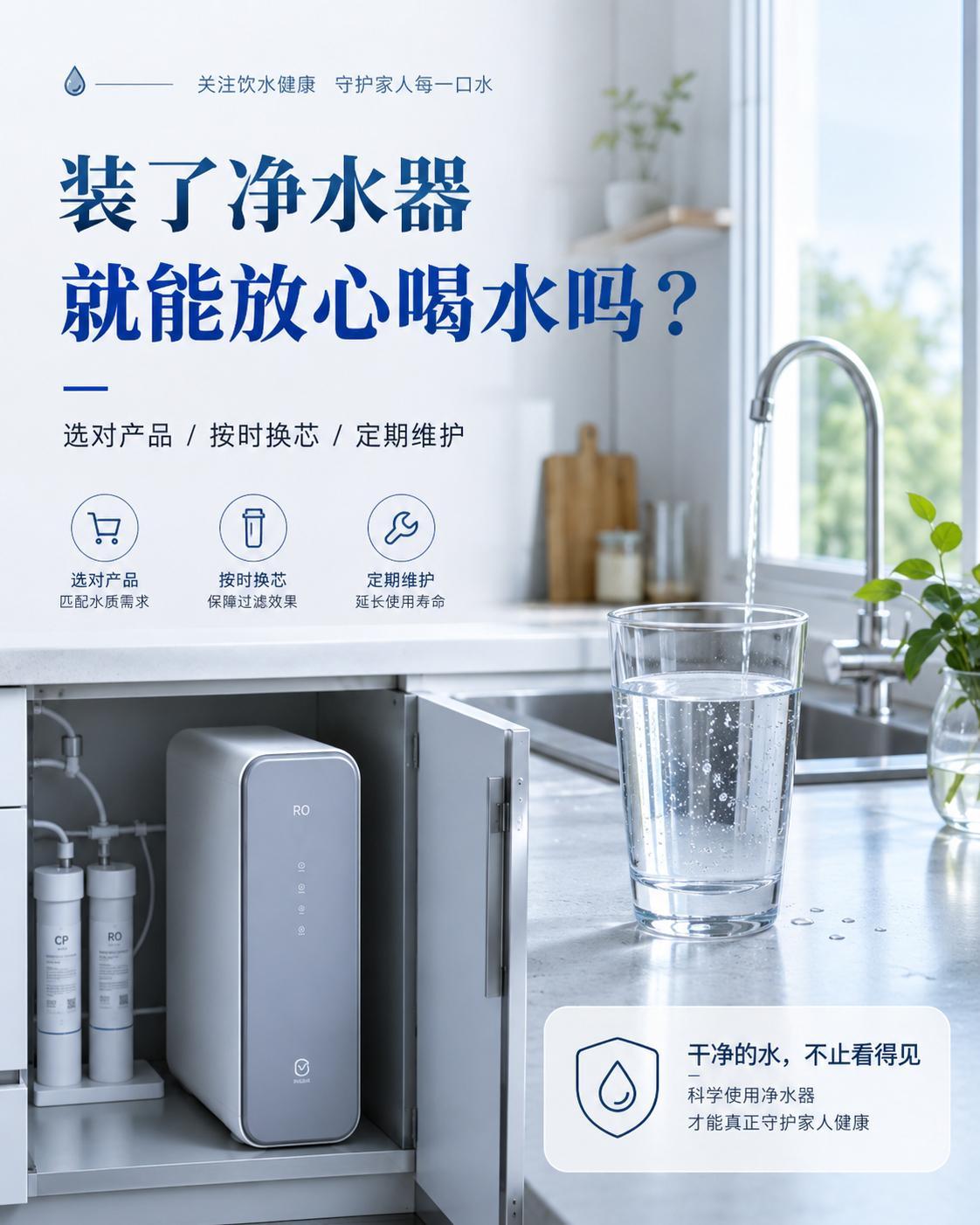 装了净水器就能放心喝水吗 我觉得净水器装上之后，确实能省心不少，但肯定不是“一装