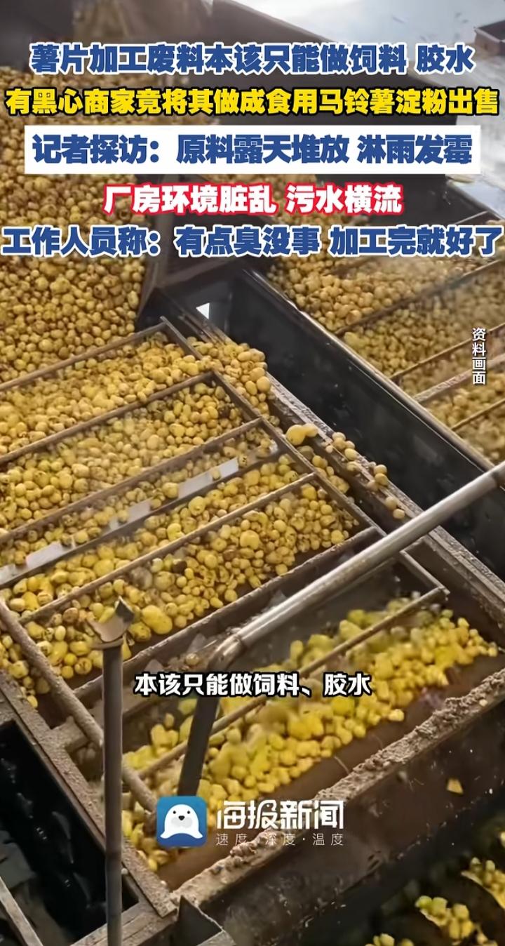 触目惊心！薯片废料露天发霉发酸，摇身一变成为食用淀粉端上餐桌
 
看完记者暗访的