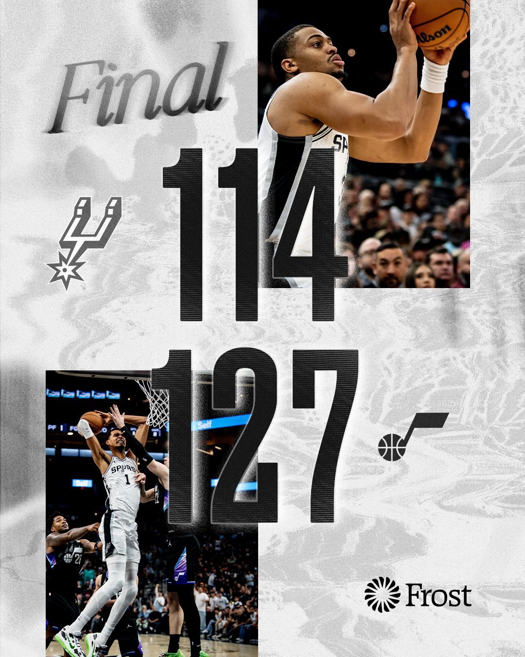 全场比赛结束！马刺114-127不敌爵士，结束8连胜马刺（23-8）：文班亚马￼