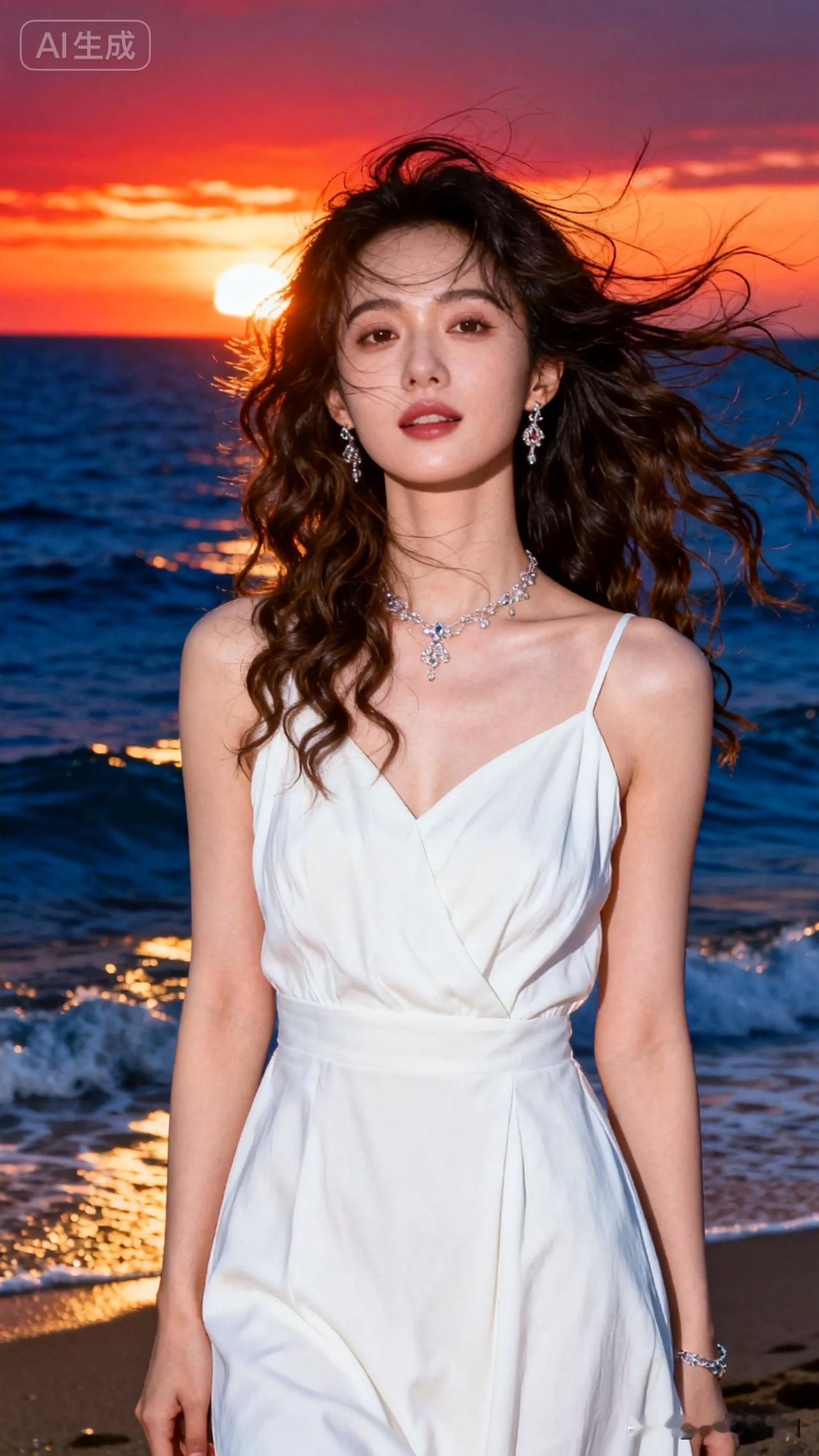 海边日落，美人如画，美不胜收。