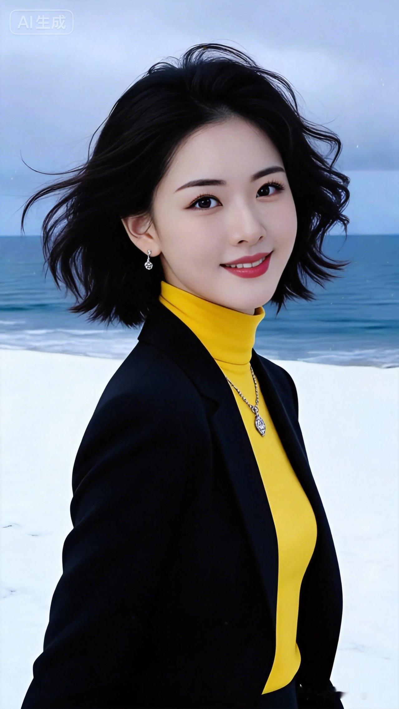 绝色红颜，肤白细腻光滑，大眼睛双眼皮水汪汪，妩媚动人。短发微卷蓬松飘逸，着黄色高