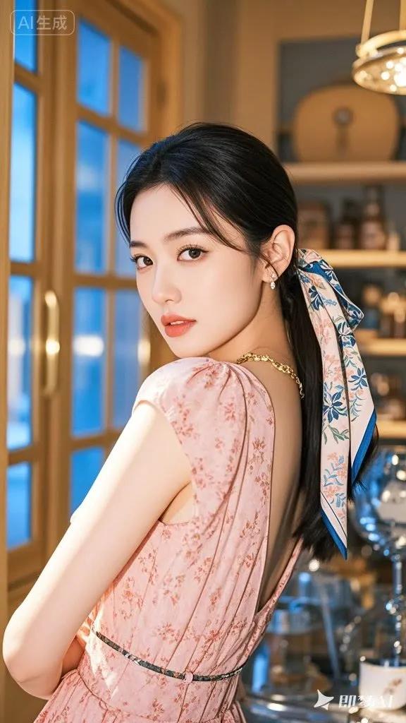 复古法式风情，优雅动人，粉裙与蓝丝巾的完美搭配，尽显迷人魅力。