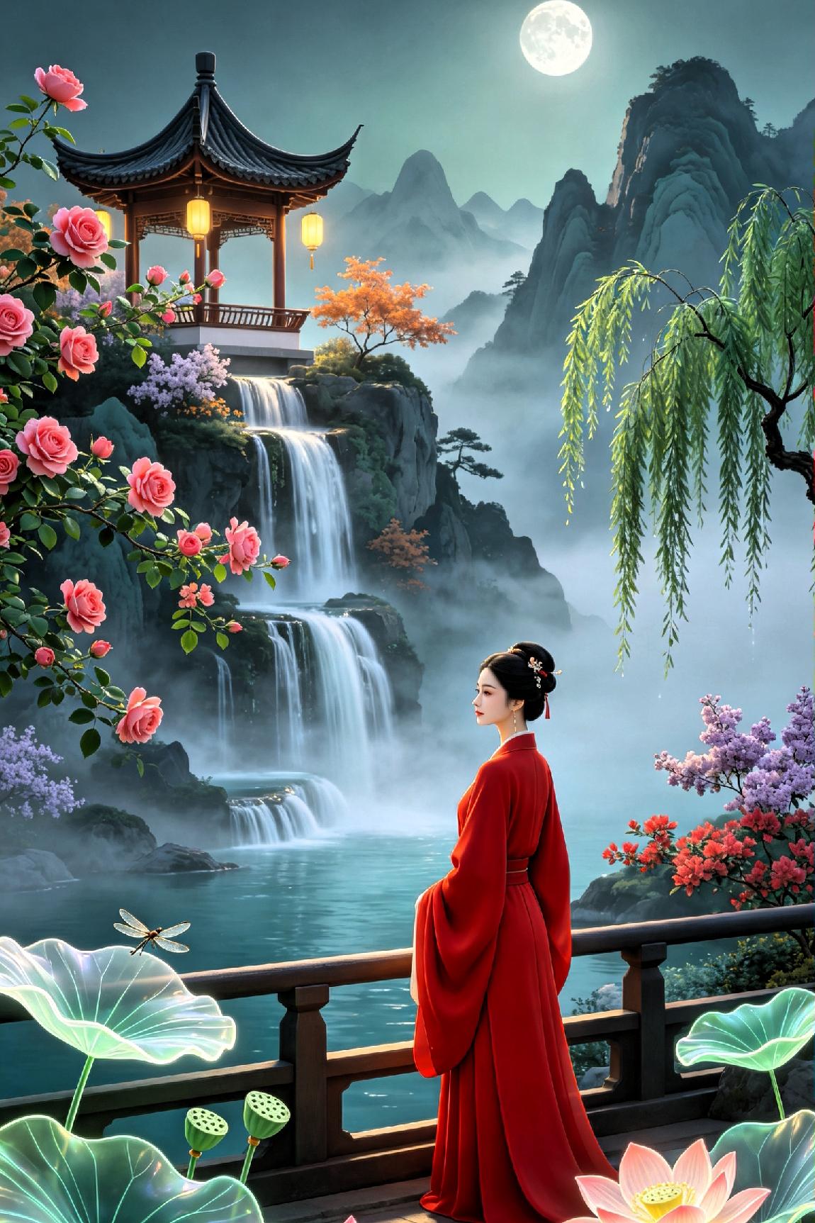 《山间清月》

 
叠嶂浮烟入远穹，一轮凉月照深丛。

飞泉叠落千层雪，古亭孤倚