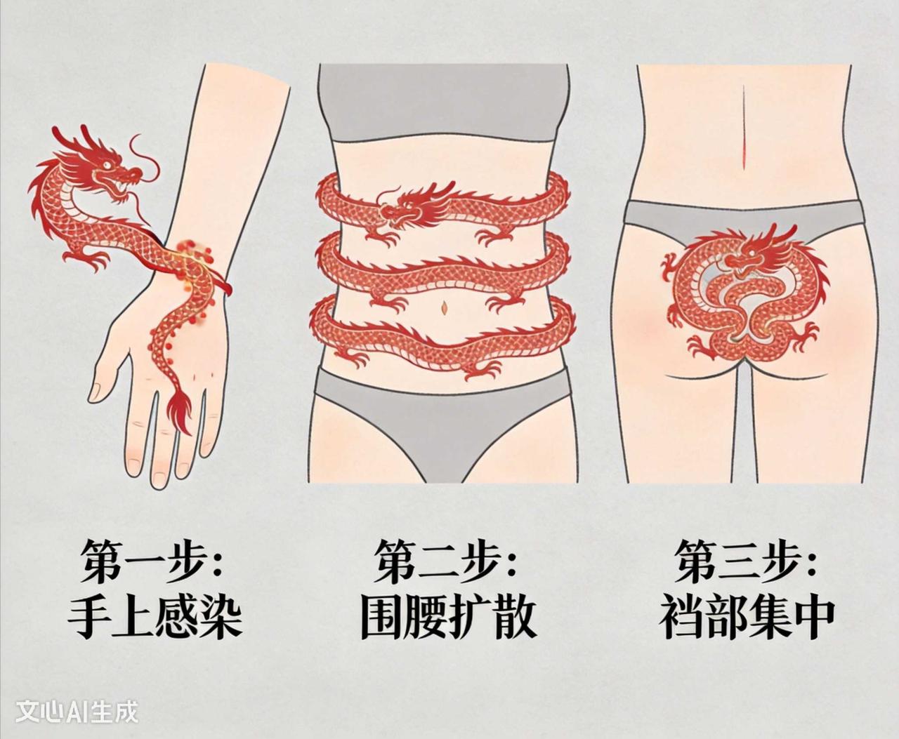 得疥疮的规律
       得疥疮口诀
疥是一条龙，先从手上行；
围腰转三圈，裆
