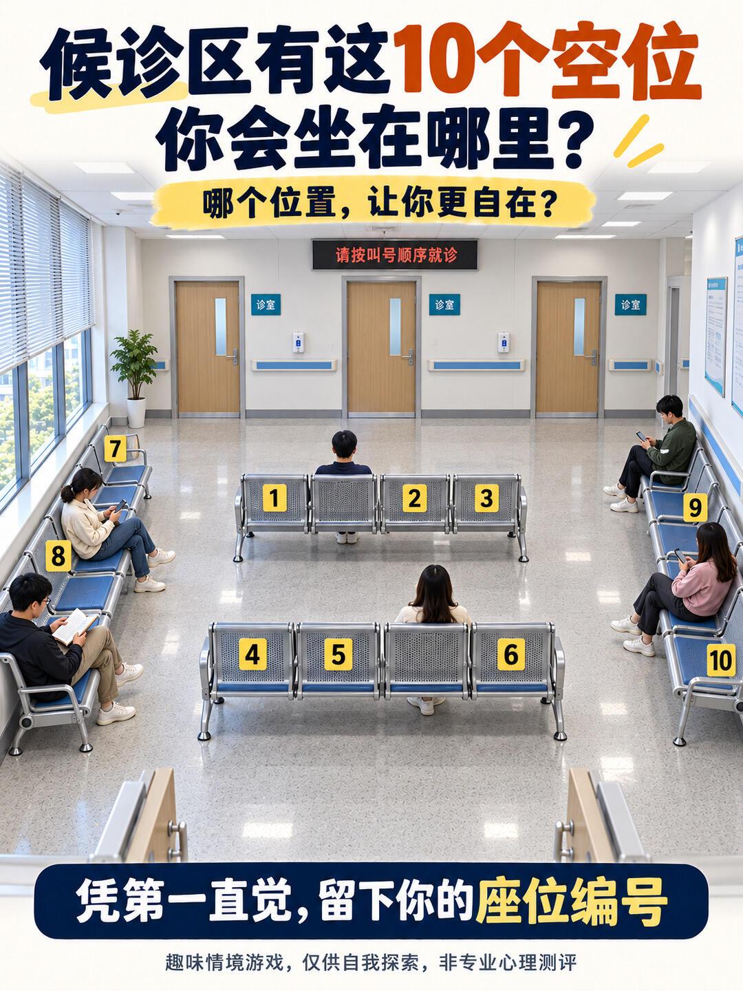 心理测试题，假如你去看病，候诊区这10个空位，你会选择坐在哪里？