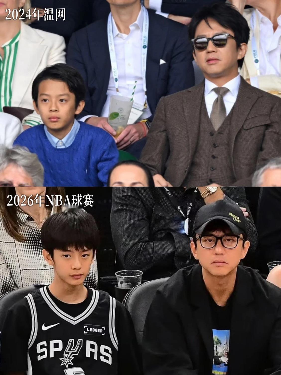 邓超和孙俪儿子等等完美基因！两年长好快！！邓超和儿子去看NBA球赛了，不得不说等