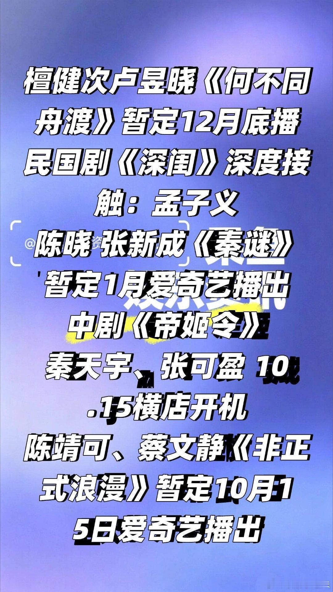 近日一些影视消息动态❗️檀健次卢昱晓《何不同舟渡》暂定12月底播民国剧《深闺》深