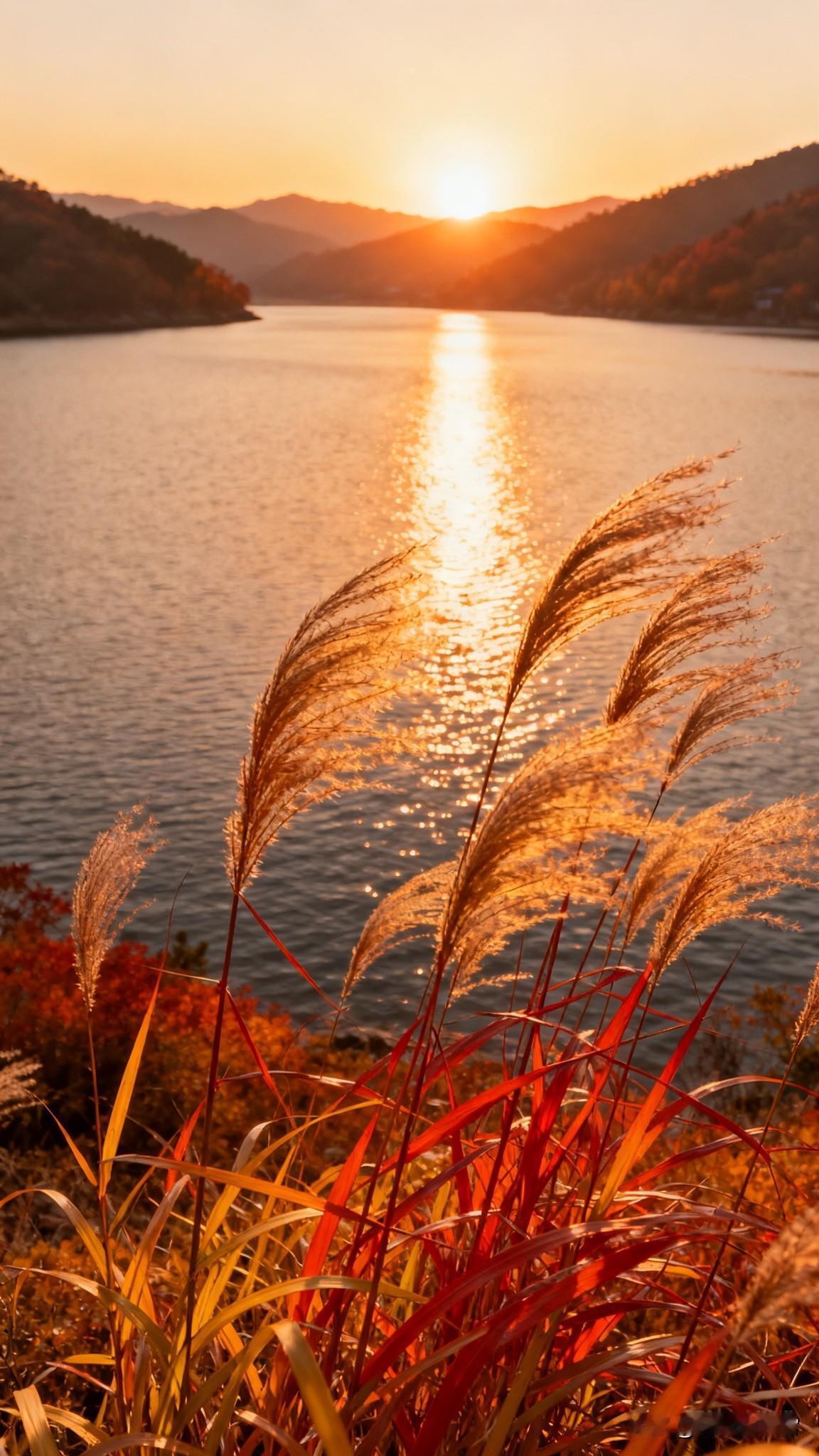 秋阳把湖面烫成碎金，岸边的草穗裹着暖光轻晃，连风里都浸着落日的温柔。这一帧山水，
