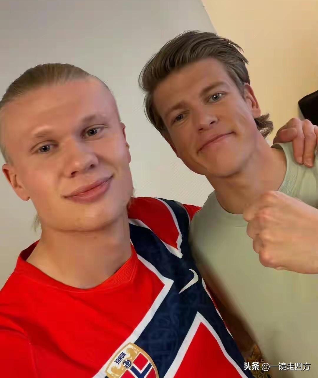 有趣的跨界合影，正在挪威国家足球队集训的曼城前锋哈兰德晒出与挪威的冬奥越野滑雪王