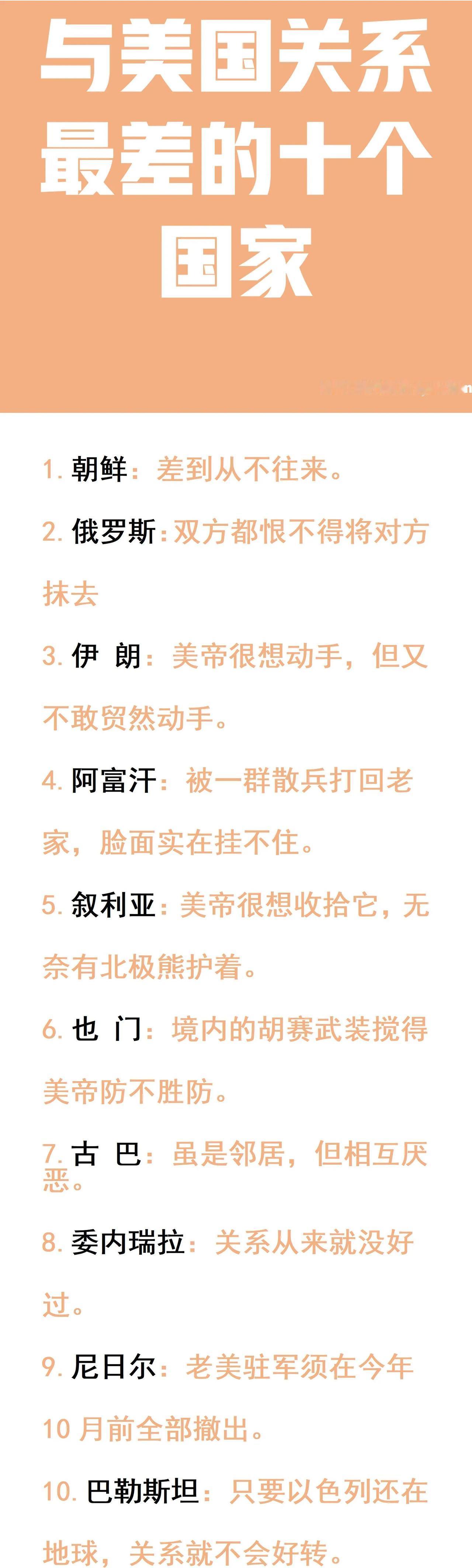 伊朗：与美国不共戴天；
巴勒斯坦：与美国不共戴天；
朝鲜：与美国不共戴天；

如