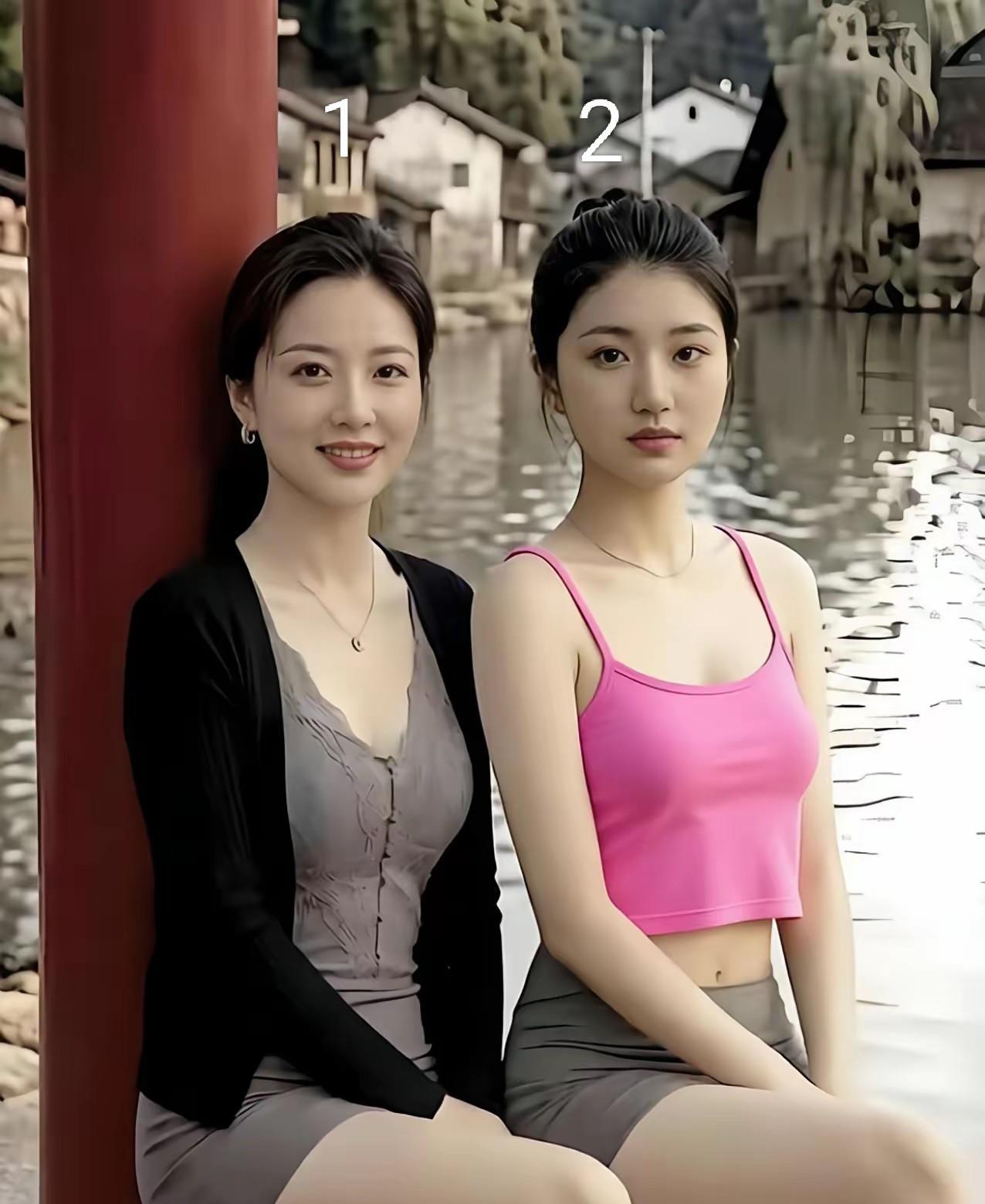 母女俩在湖边休闲的样子，十分可爱，母亲端庄，女儿清纯，你的眼睛是雪亮。谁是妈妈，