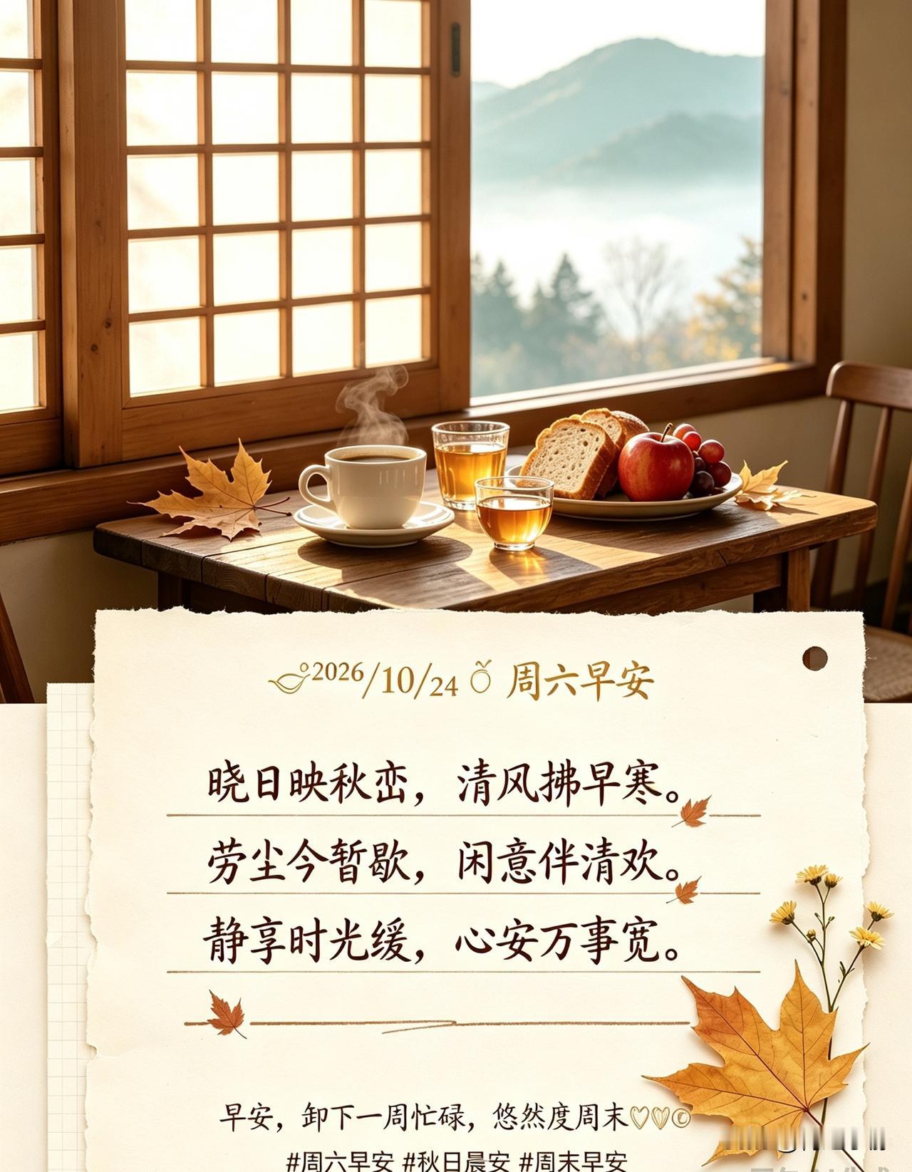 🍂²⁰²⁶/₁₀.₂₄ ᵕ̈ 早安｜悠然度周末☕️🍞☀️🍒
晓日映秋峦，