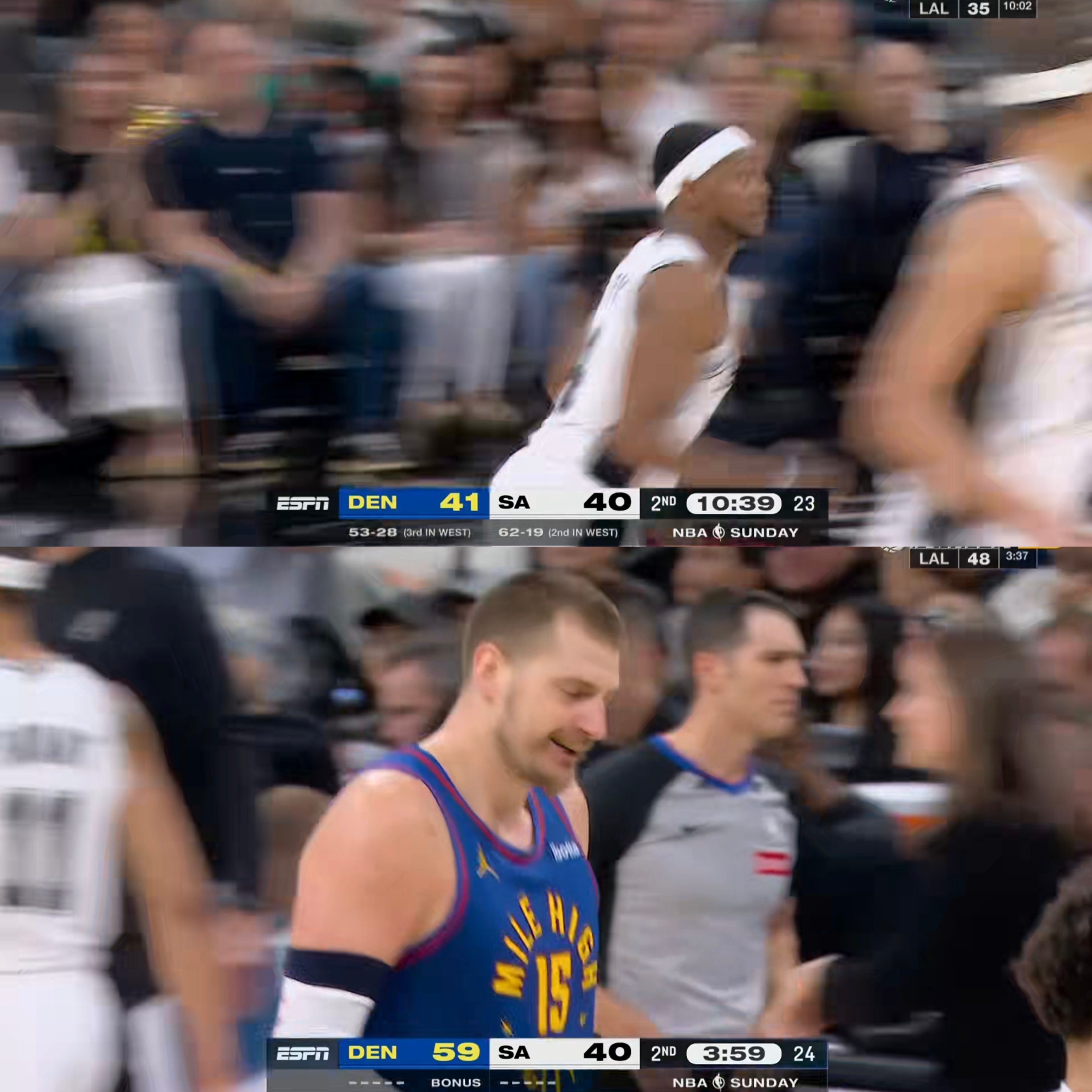 掘金轰出一波18比0！领先19分了掘金vs马刺