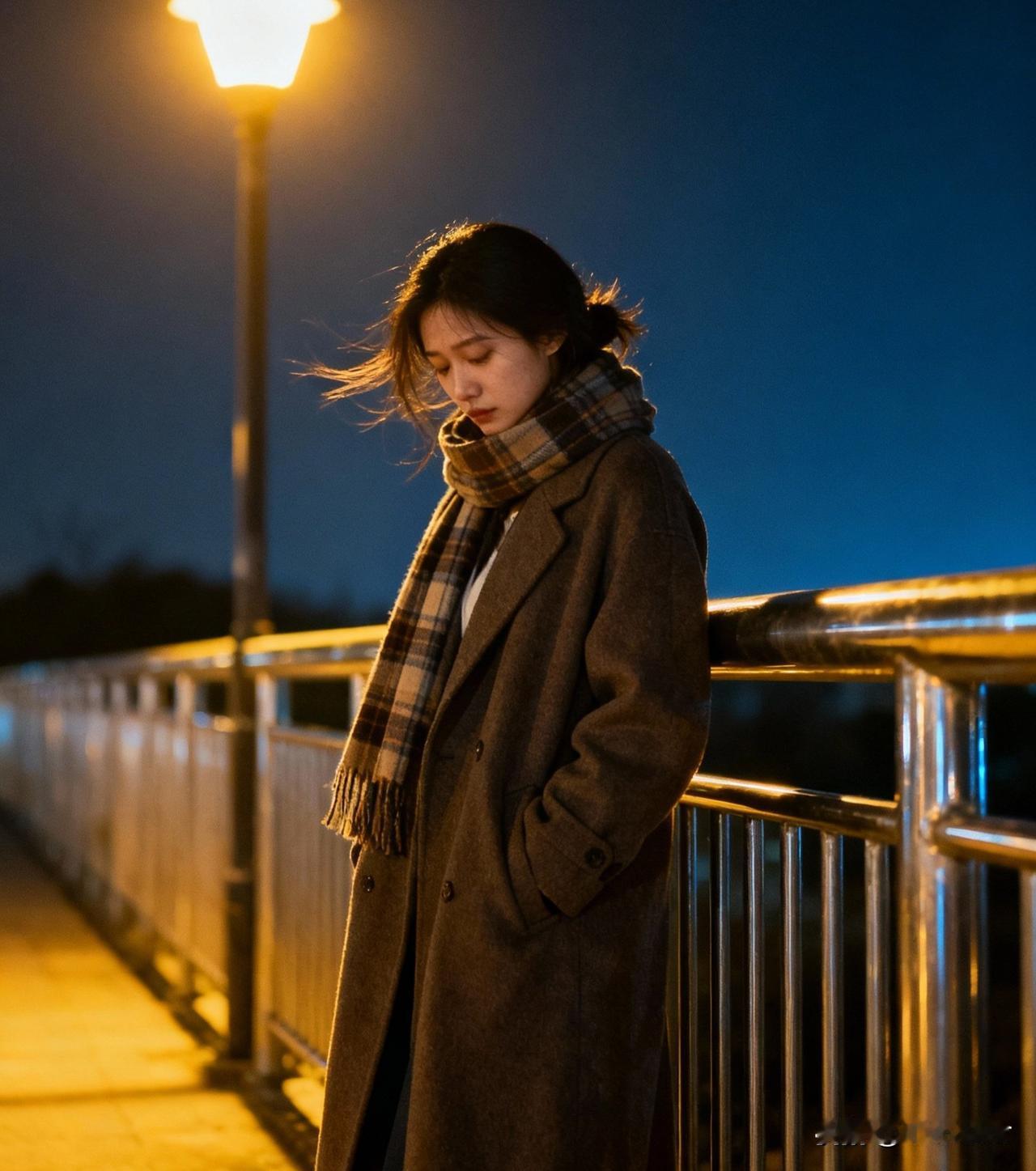 夜晚的桥上，独自一人，思绪万千。