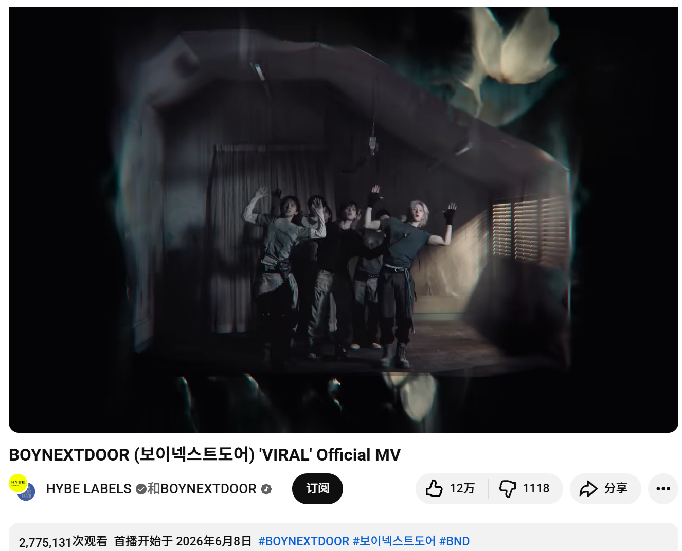 BOYNEXTDOOR『VIRAL』YouTube首日播放277万，点赞12万！