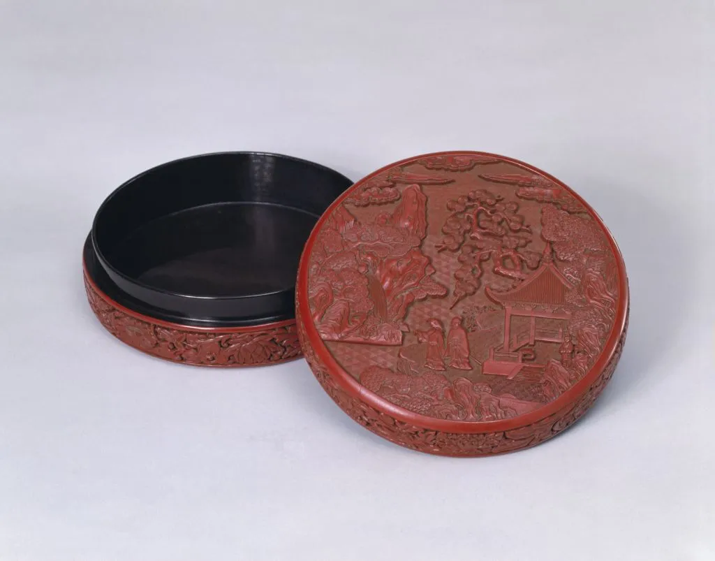 二老观瀑图剔红圆盒