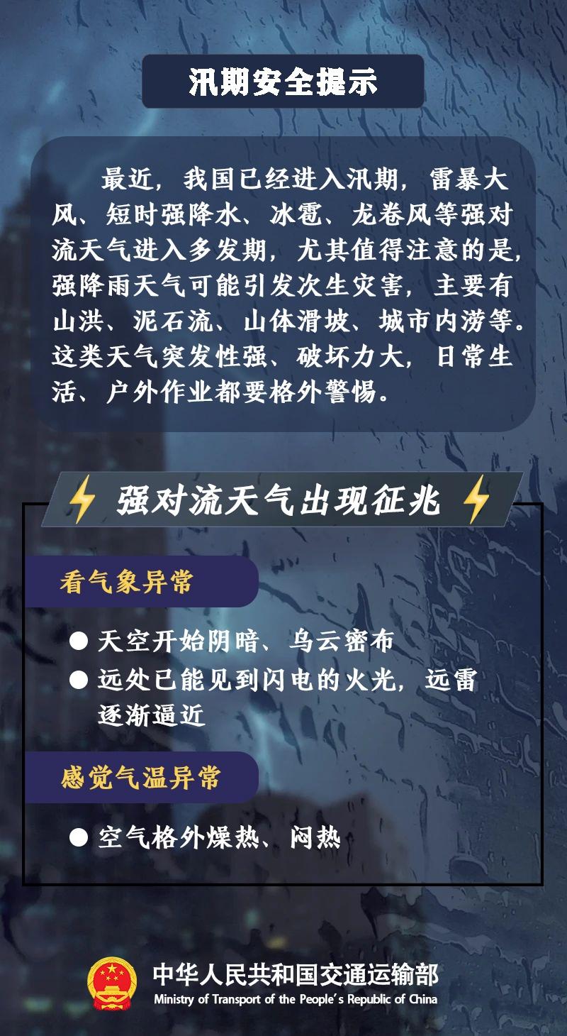 汛期强对流、强降雨天气多发，易引发内涝、山洪、滑坡等次生灾害。驾车出行、户外游玩