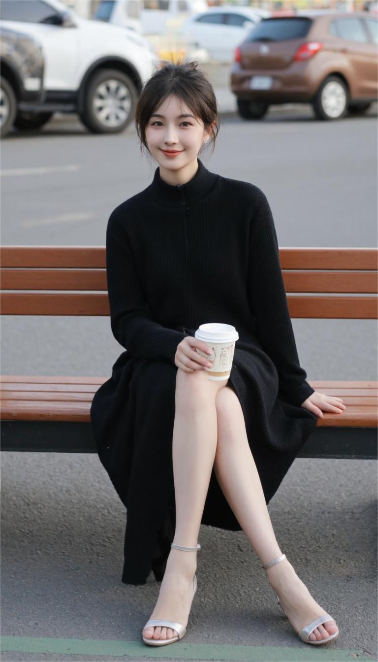 她穿着黑色长裙，
脚踩银色高跟，
手捧咖啡，
坐在城市的喧嚣边缘，
像一幅静止的
