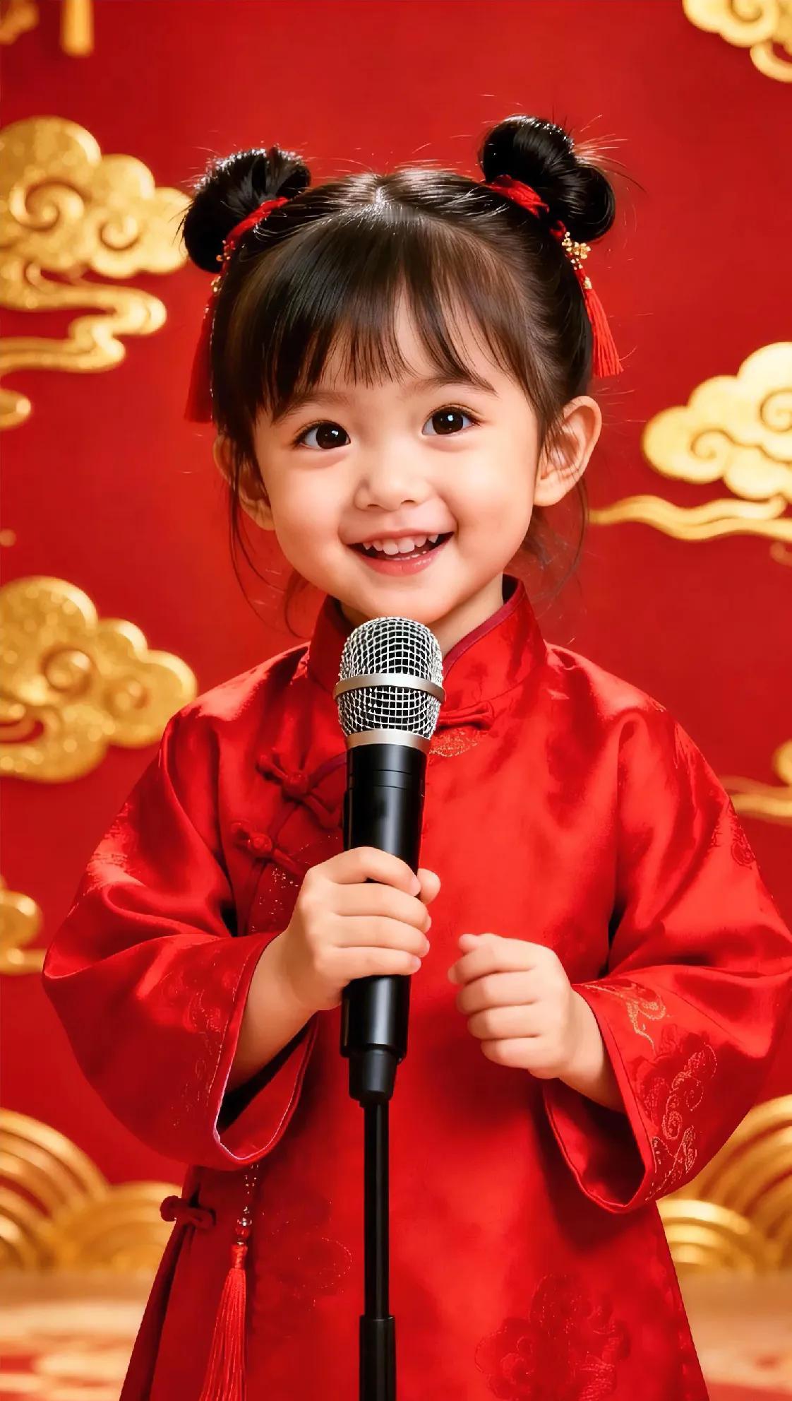 红妆映喜，笑意迎春✨。扎着俏皮双丸子头的小萌娃，一身喜庆红装格外亮眼，手里握着麦