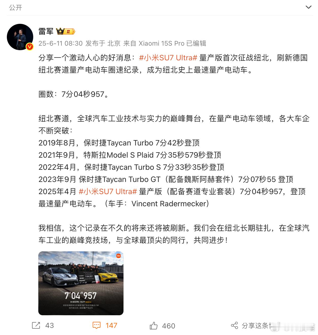 SU7Ultra成为纽北最速量产电动车圈速：7分04秒957SU7 Ultra跑