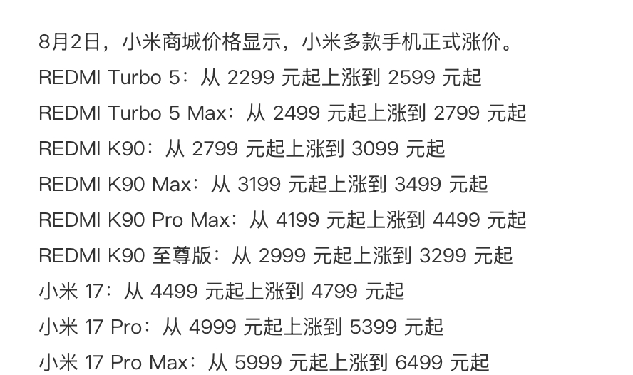 小米多款手机今起正式涨价今天凌晨，小米多款手机正式涨价，涨幅300-500元不等