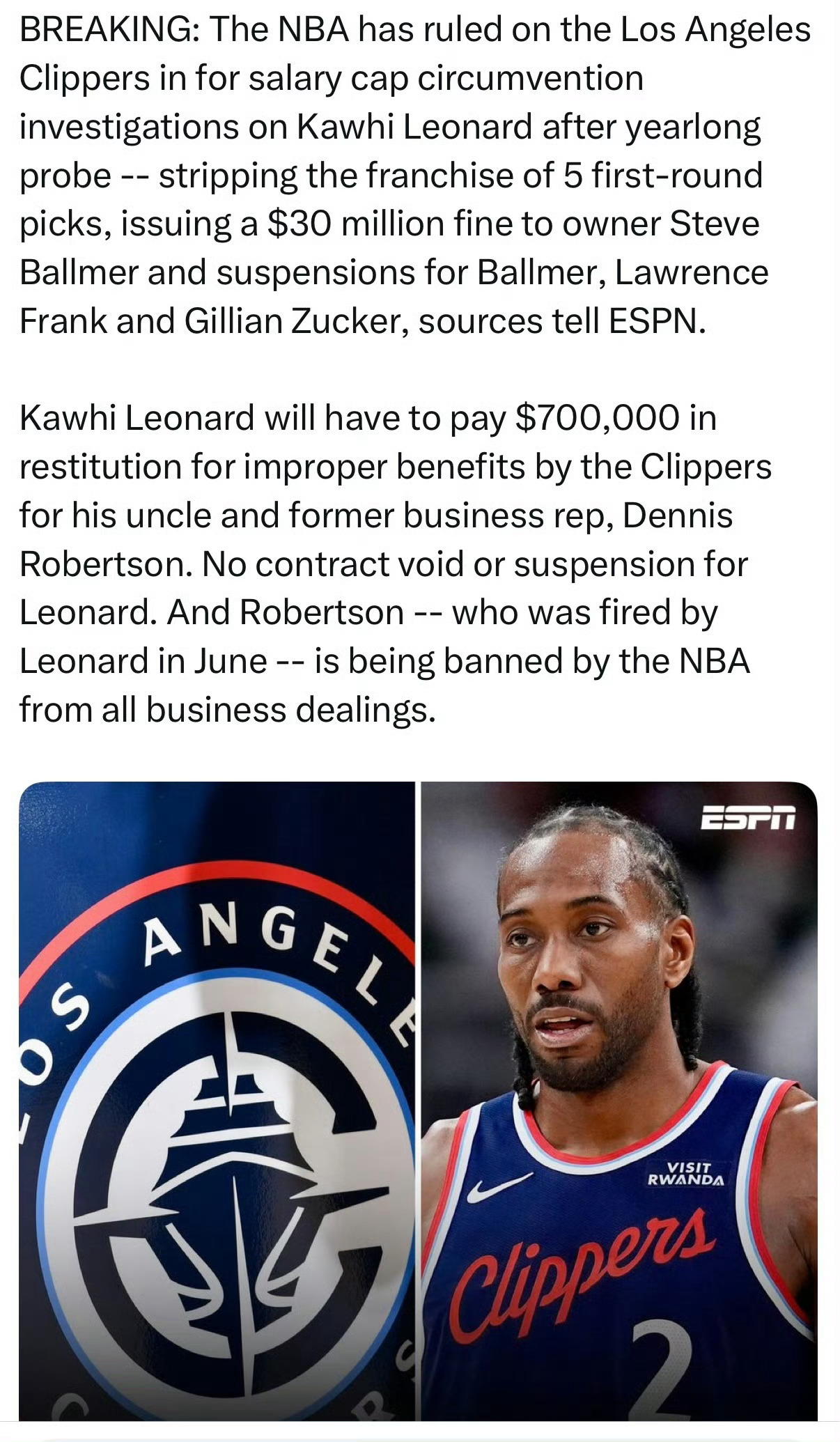 NBA宣布快船队被处以3000万美元罚款，NBA宣布快船队被处以3000万美元罚