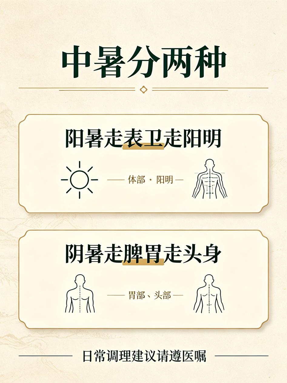 中暑分两种：阳暑走表卫走阳明，阴暑走脾胃走头身！分清调理，事半功倍！

炎炎夏日