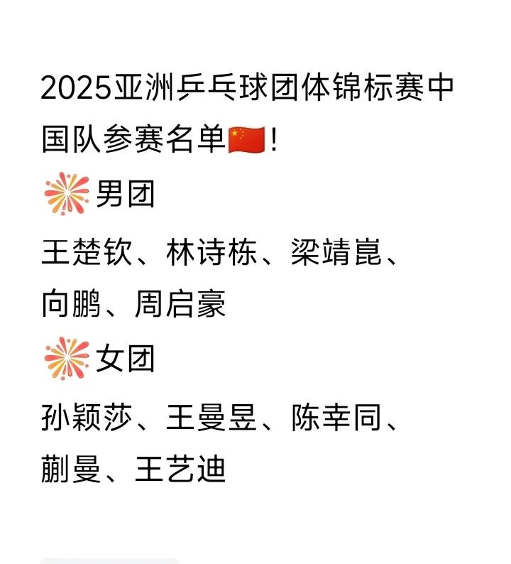 2025年乒乓球亚锦赛团体赛
在印度举行，时间10月11日一10月15日。
男团