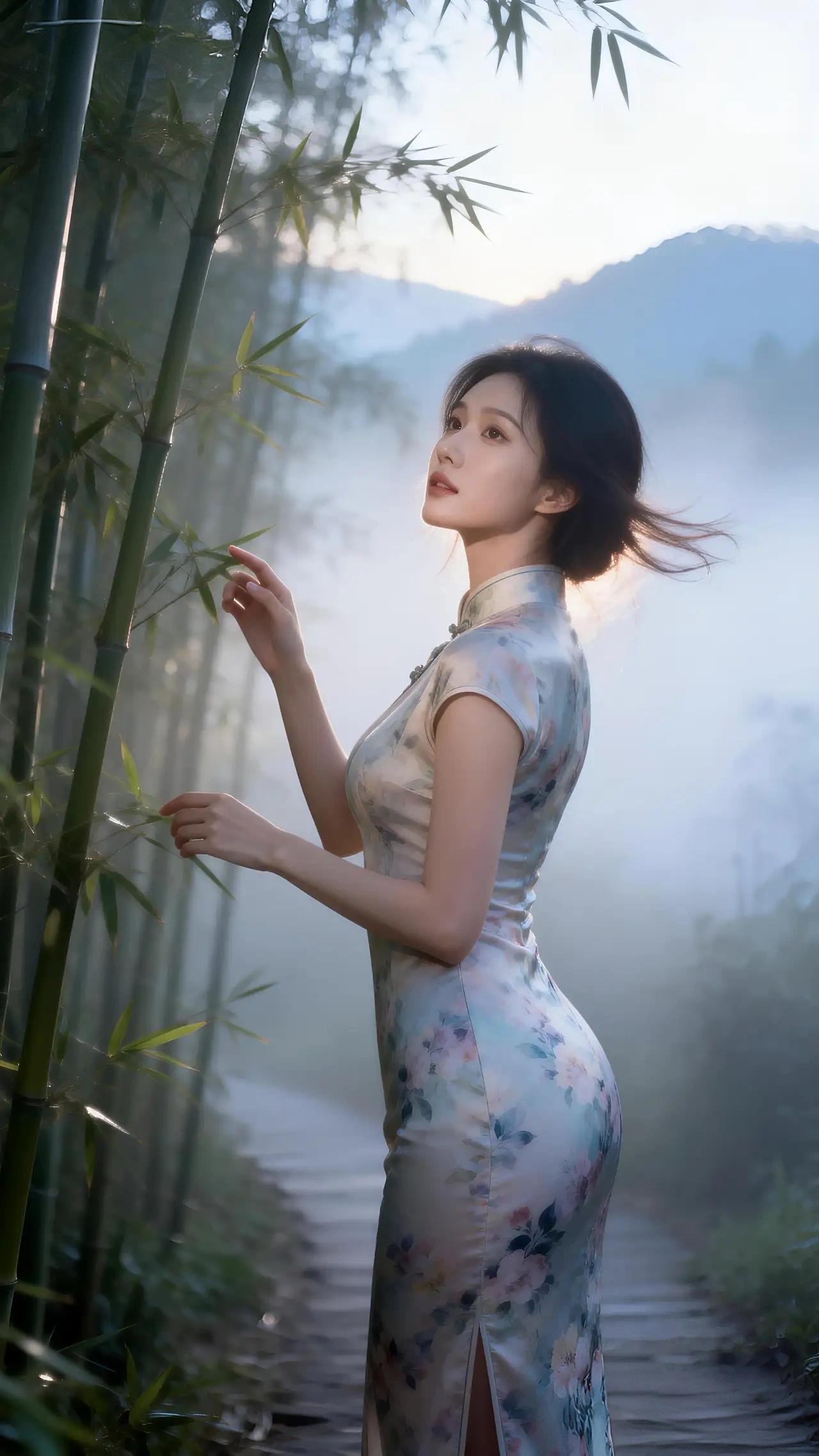 《旗袍美人：古典与自然的和谐乐章》
竹影婆娑，晨雾缭绕，一位身着旗袍的佳人静立其