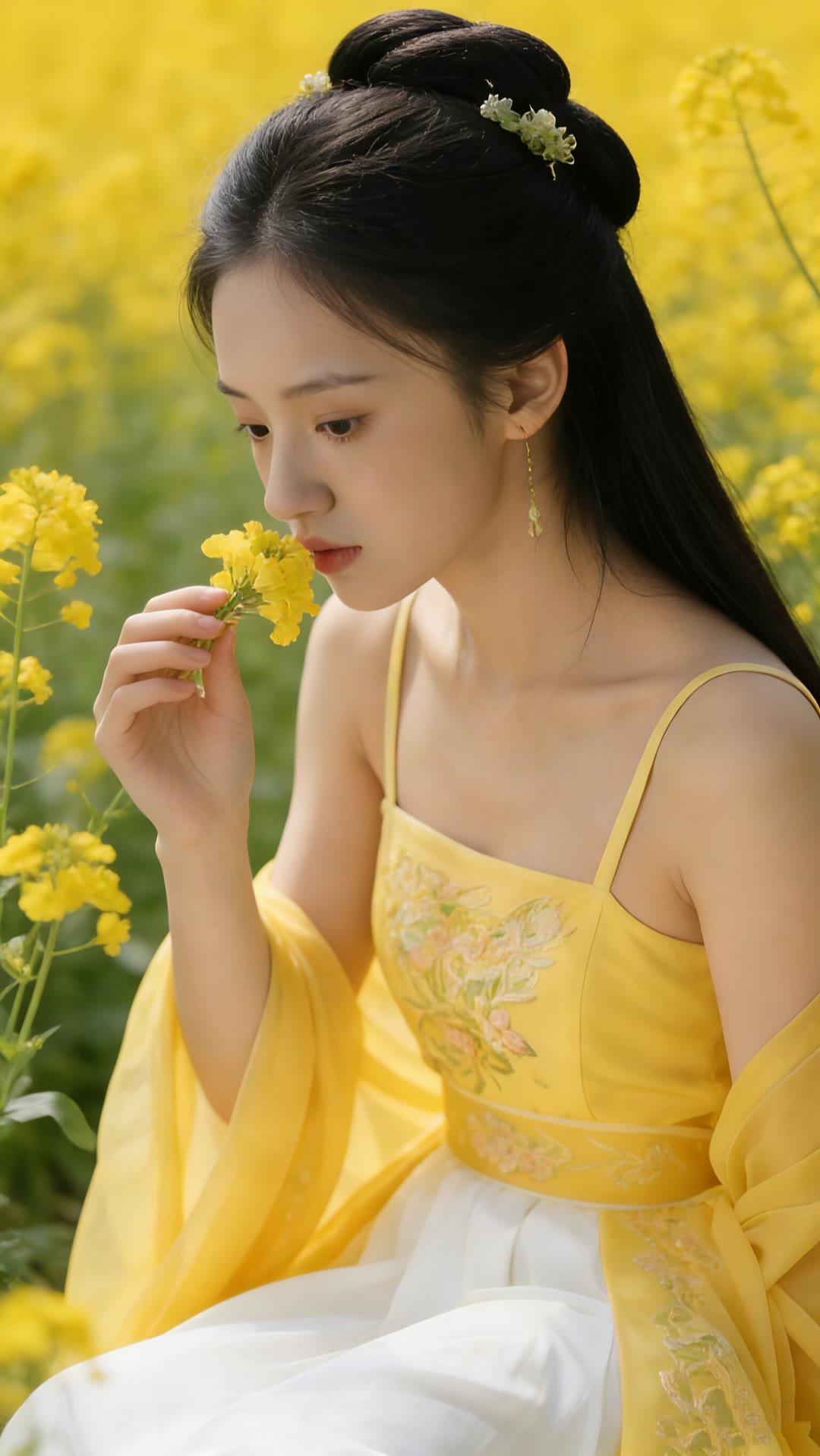花间美人嗅，春意满怀中。