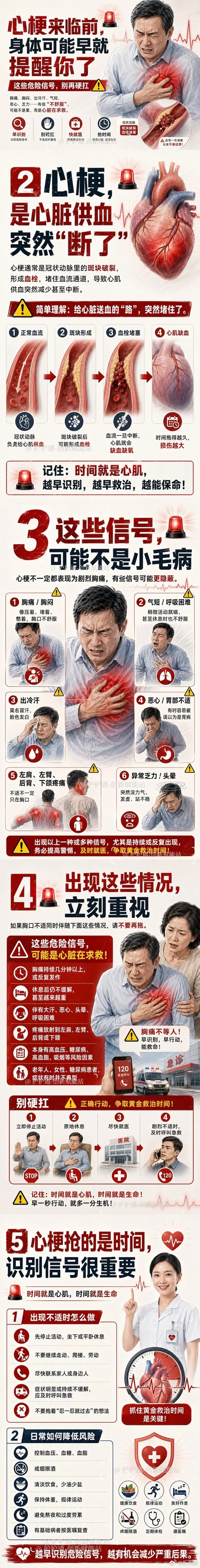 心梗发作前一个月就有征兆  心梗来临前，身体可能会发出哪些危险信号？哪些情况需要