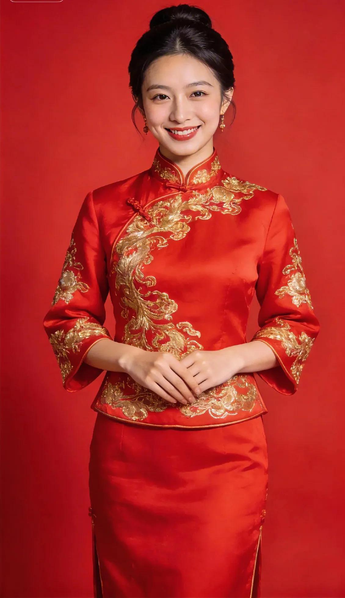 朱红为底，金线绣就凤纹婉转，是东方美学里最热烈的浪漫。盘扣立领藏着中式温柔，发髻