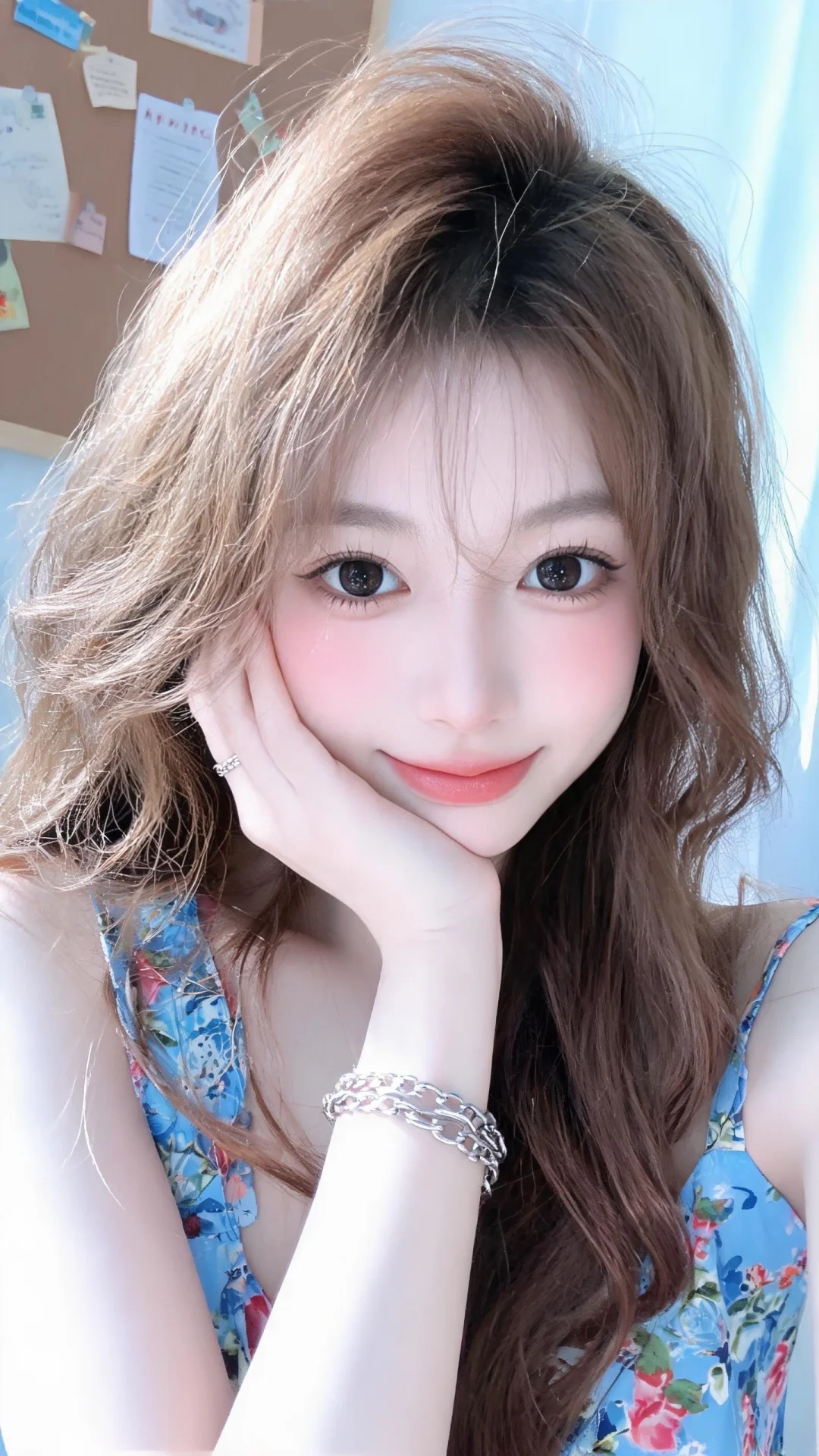 生成：发丝蓬松凌乱散落肩头，细碎碎发飘在脸颊两侧，蓬松浅棕大波浪长卷发...