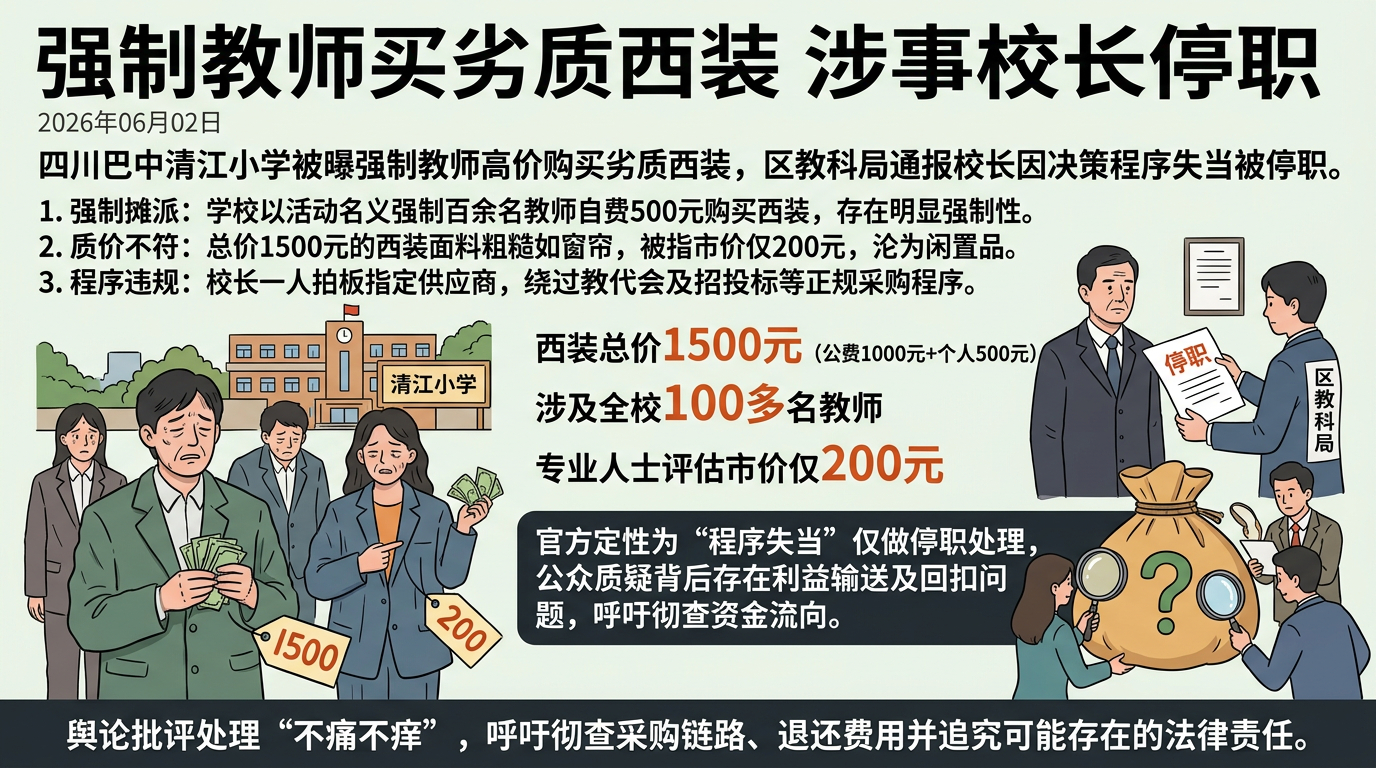强制教师买劣质西装涉事校长停职绝非偶然一次，建议彻查到底！校长假借集体活动、统一