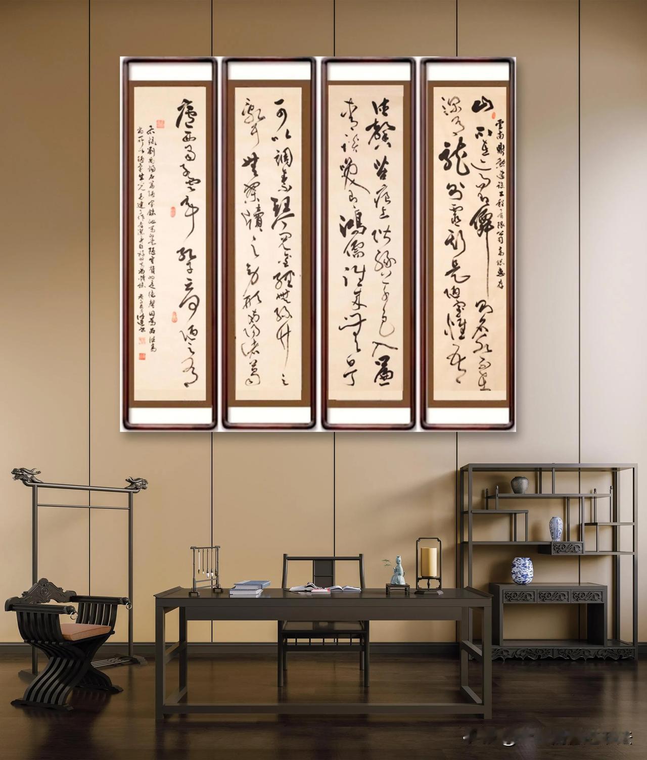 草书《陋室铭》四条屏，一幅翰墨淋漓、气韵生动的艺术佳作。书法家以精湛的技艺，将刘
