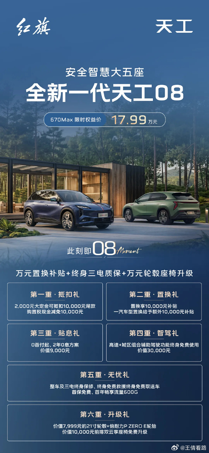 限时权益价17.99万元！全新一代红旗天工08 670 MAX上市这款车去年1月