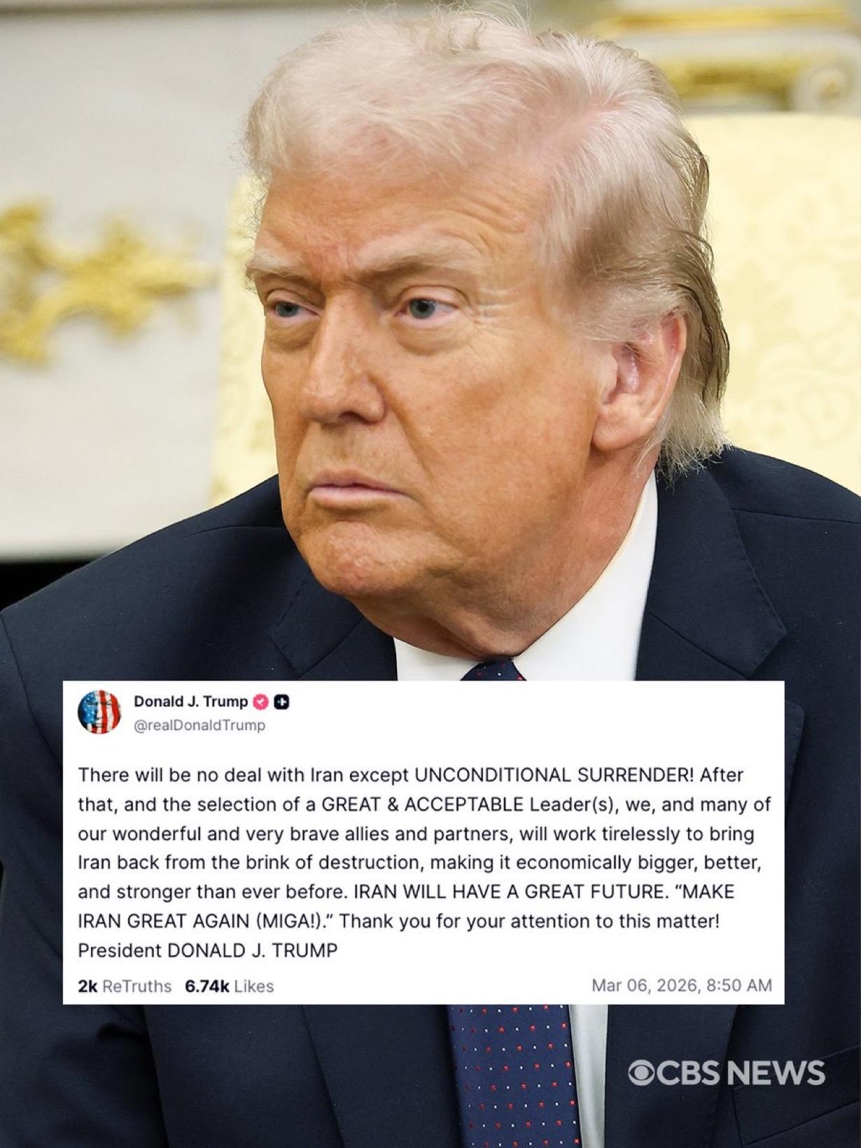 特朗普周五表示，除非伊朗“无条件投降”，否则不会与伊朗达成任何协议！

“在那之