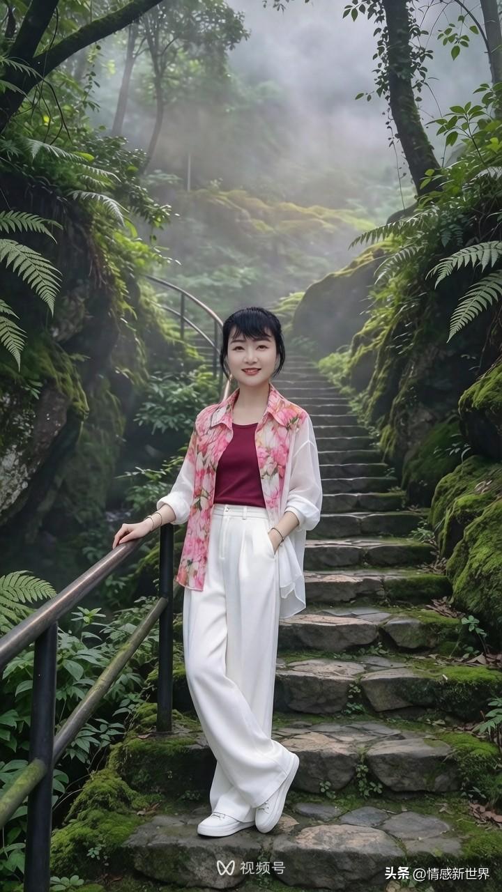她在森林小道上笑得很开心。林间微笑女子 林间漫步少女