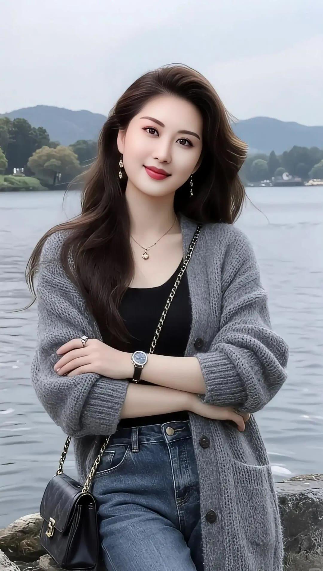 在湖畔享受宁静时光，温柔笑容与自然美景相映成趣。