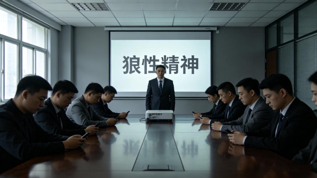 新来的领导爱开会，每天晨会必讲三十分钟“狼性精神”。大家都麻木了，但没人敢说。