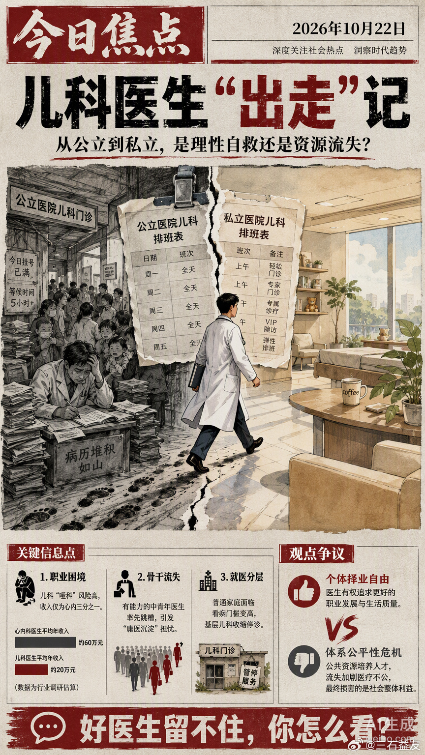 儿科医生离职去私立，本质是优质资源在市场化进程中的自然流动。公立体系里，儿科是出