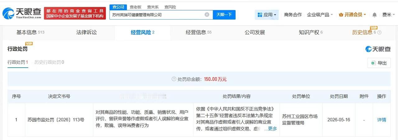 【315曝光的英瑞可被罚150万 315曝光的英瑞可因虚假宣传被罚】
天眼查经营
