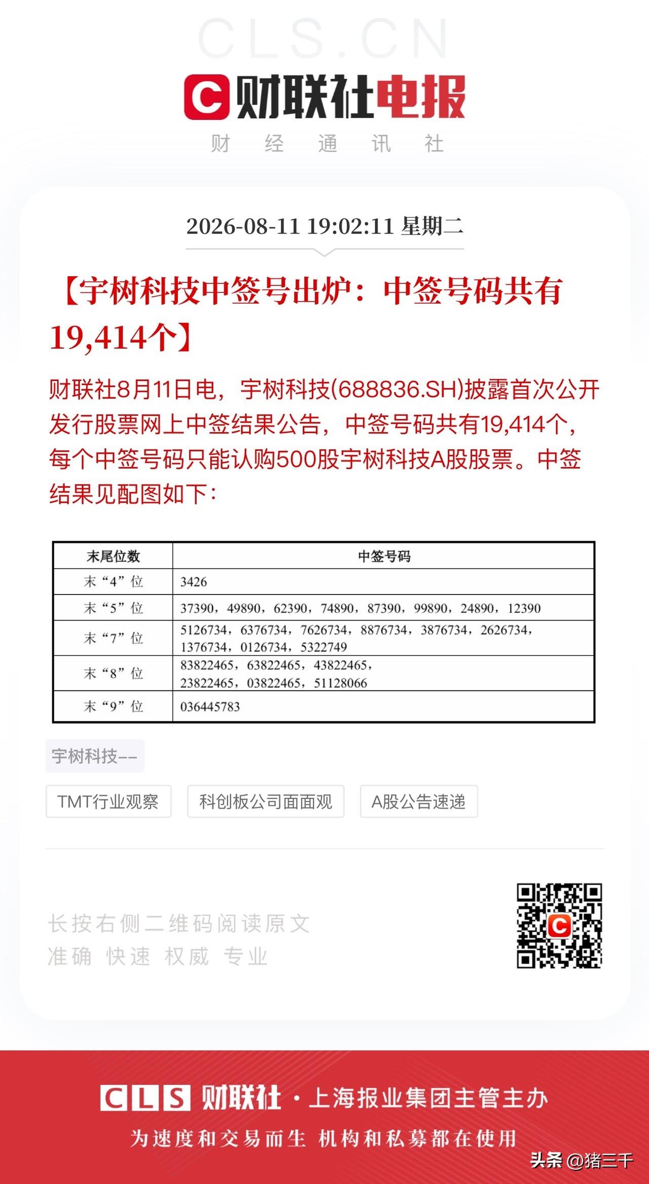 宇树科技中签号出炉！
中签的评论区留下一个“6”，
让三七数数有几只发财的小手…