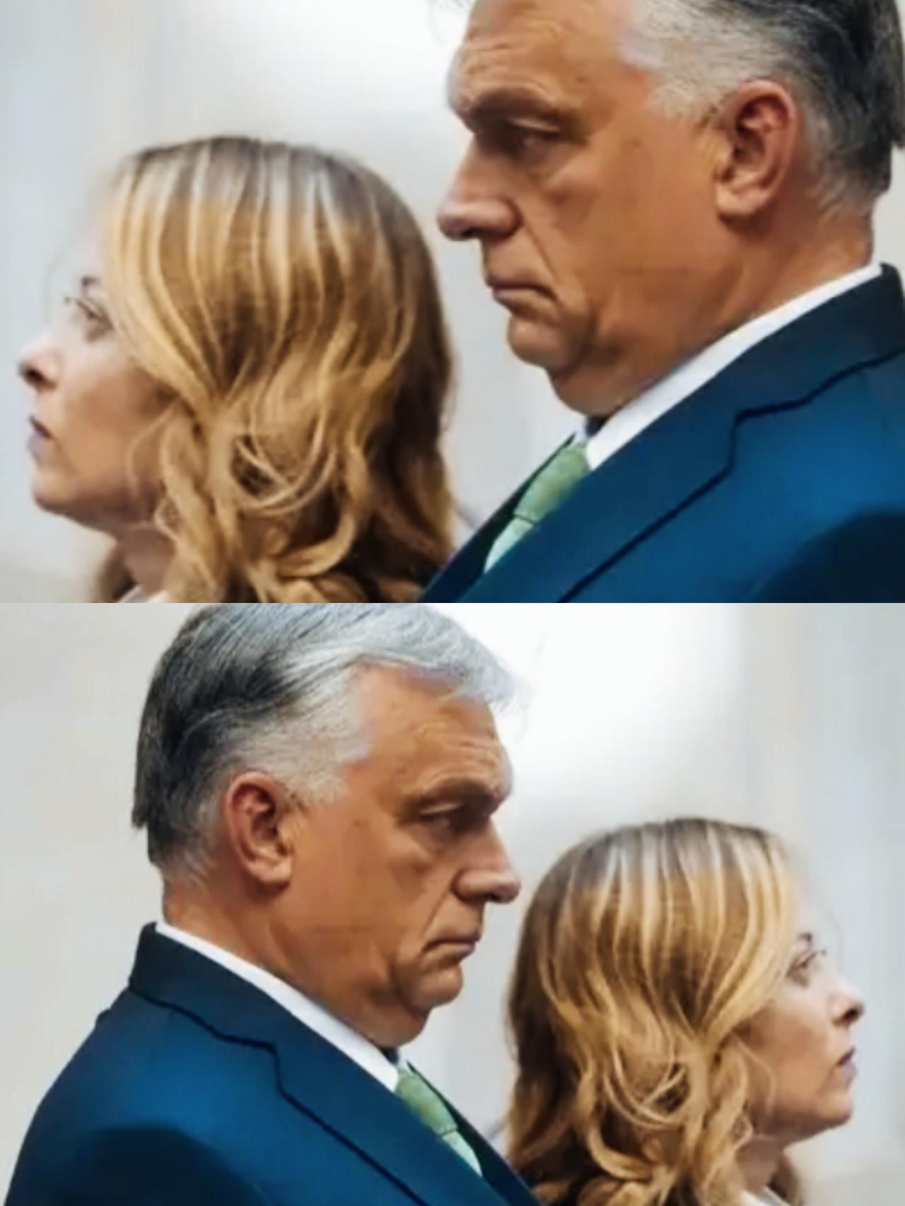 梅洛尼和欧尔班两人合影时，表情挺有意思啊！
梅洛尼和欧尔班两人表情都如此严肃啊！