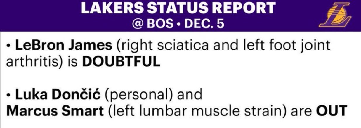 詹姆斯（右坐骨神经痛、左脚关节关节炎）小概率出战。东契奇（个人事务）、斯玛特（左